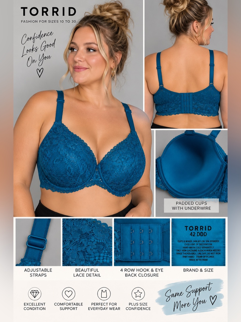 Torrid Teal Blue Lace Padded Underwire Bra 42DDD Adjustable Straps